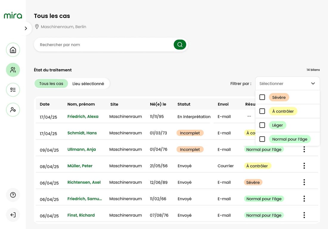 Application mira : vue d'ensemble de tous les dossiers avec leur statut de résultat