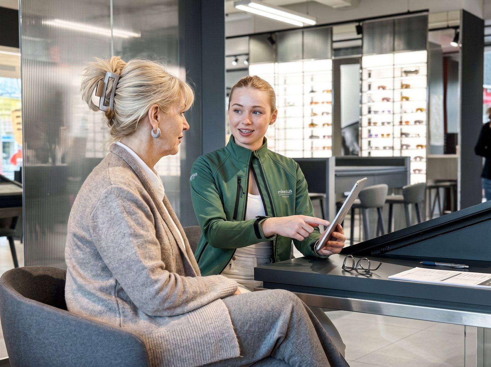 Im Augenoptikgeschäft zeigt eine Mitarbeiterin einer Kundin den Ablauf auf dem Tablet.