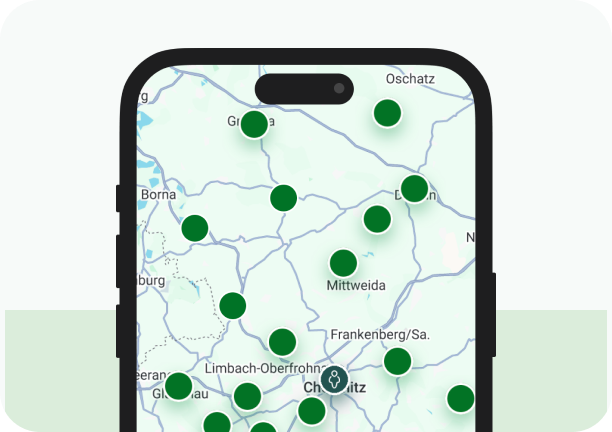 Smartphone mit Karte der Mirantus-Standorte
